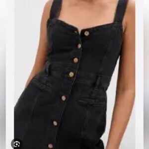 Gap Women Denim Mini Dress Y2K Black Jumper Button Down Sweetheart Neckline